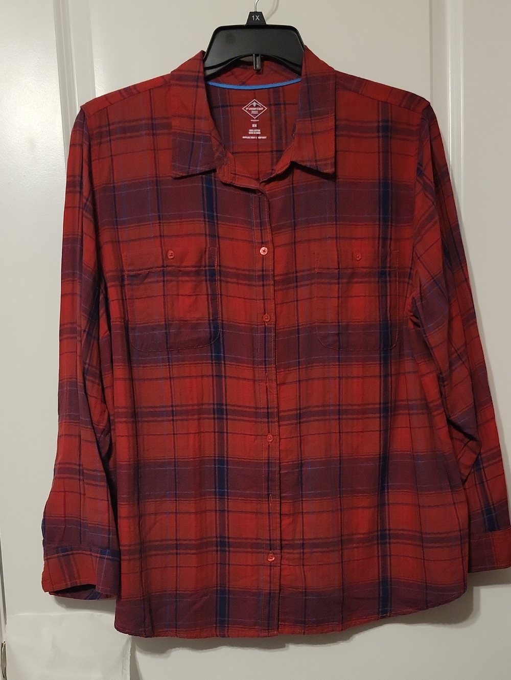 St. John's Bay Women's 3X Red/blue Plaid Cotton, Not Flannel L/S Shirt.
